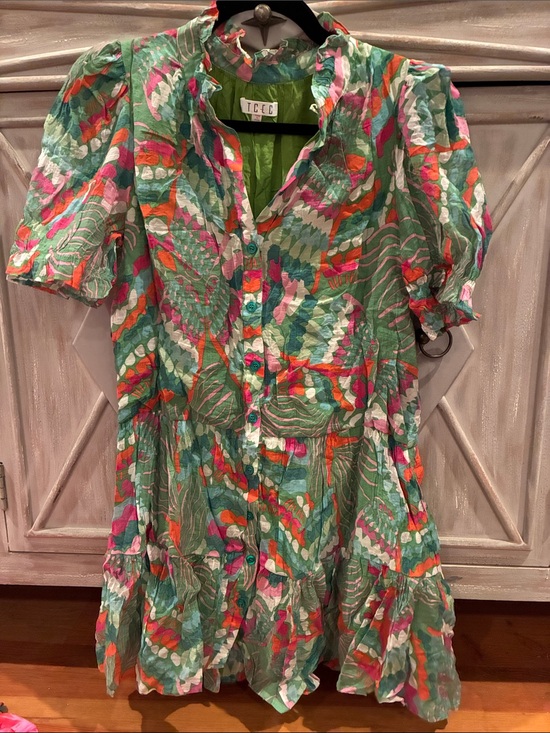 TCEC Dresses & Skirts - TCEC Green Multicolor Button-Front Ruffled Dress